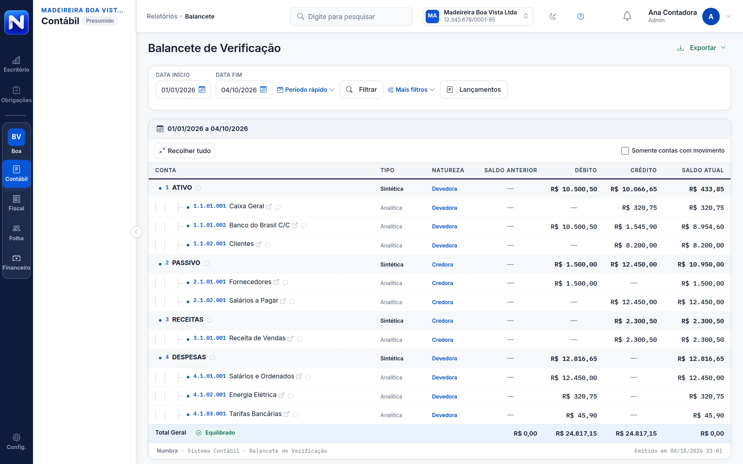 Tela Balancete do Numbra: O mês de cada empresa conferido numa tela só, do saldo anterior ao atual.