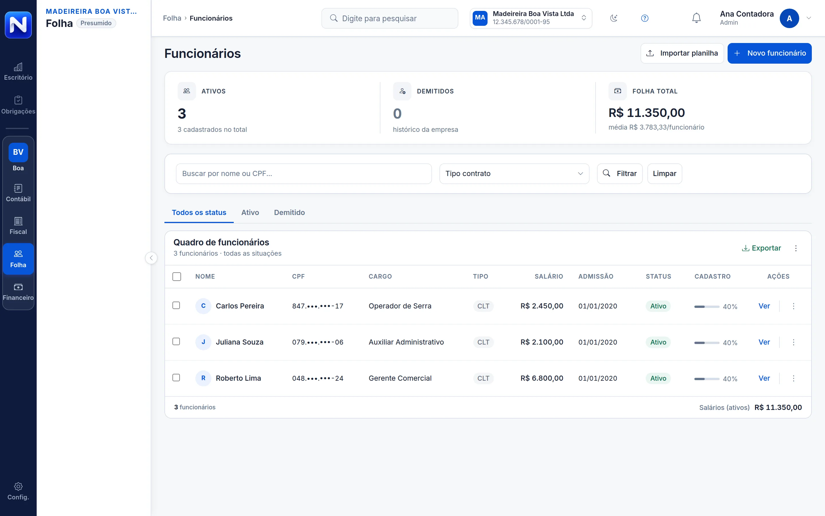 Tela Funcionários do Numbra: A equipe de cada cliente pronta para a folha e para o eSocial.