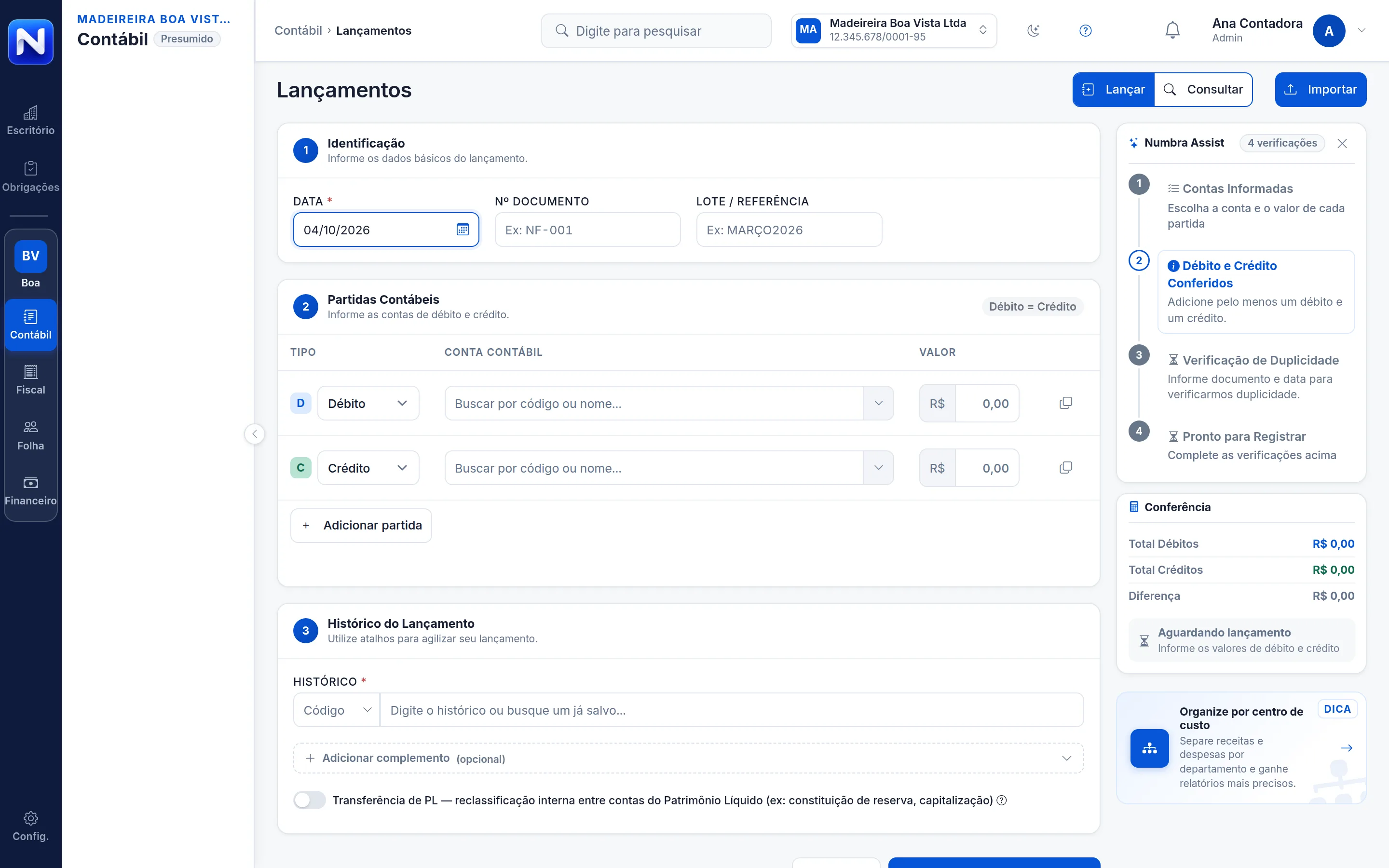Tela de lançamento contábil do Numbra com partidas de débito e crédito e o Numbra Assist conferindo