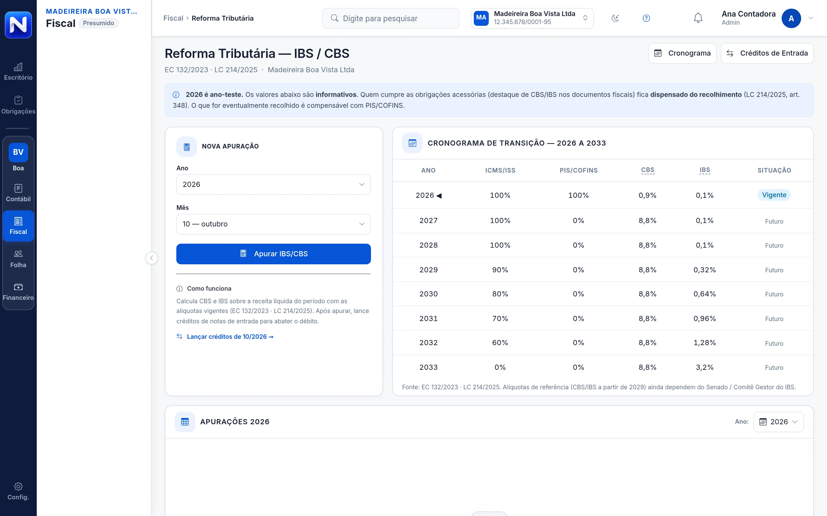 Tela da Reforma Tributária no Numbra com o cronograma de transição de 2026 a 2033 e as alíquotas de CBS e IBS